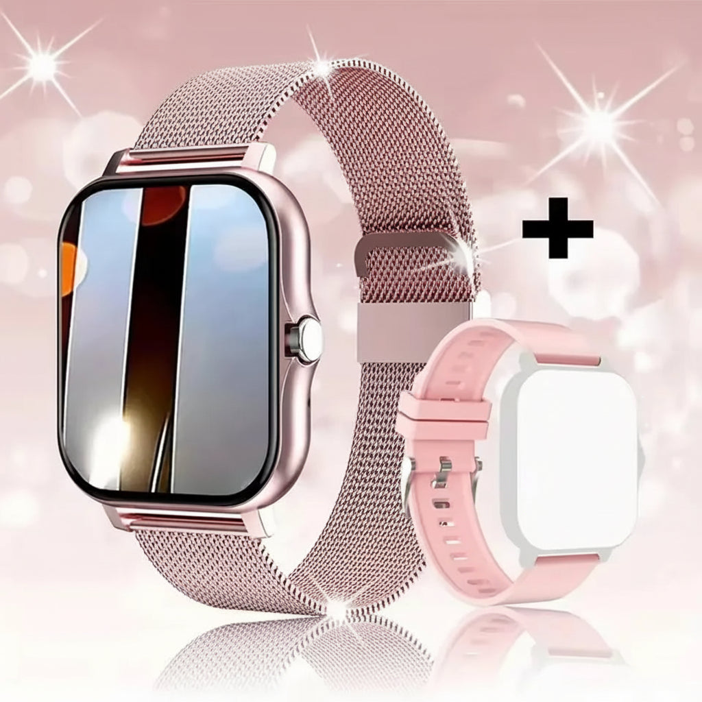 Smartwatch with rose gold mesh band and additional pink band on a sparkling background