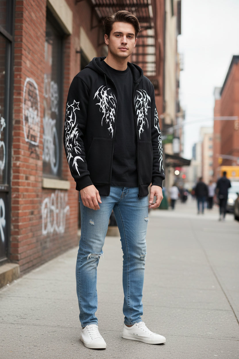 Black hoodie with white tribal designs on a white background