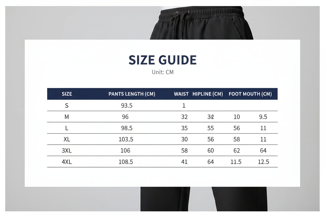 Pants size chart with measurements in centimeters