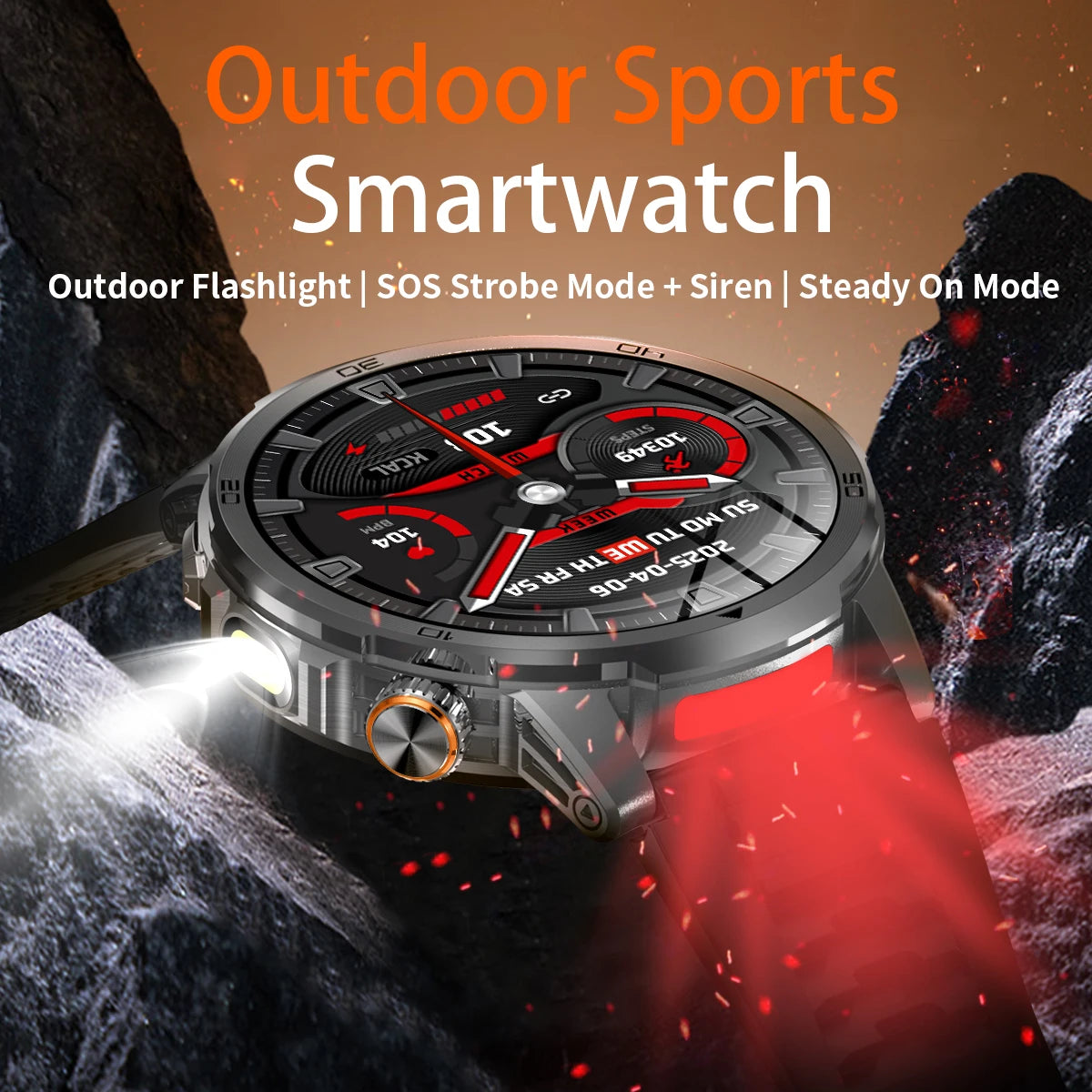 Outdoor sports smartwatch with flashlight feature on a rocky background