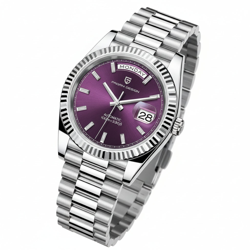 Pagani Design watch with purple face and silver metal strap on white background