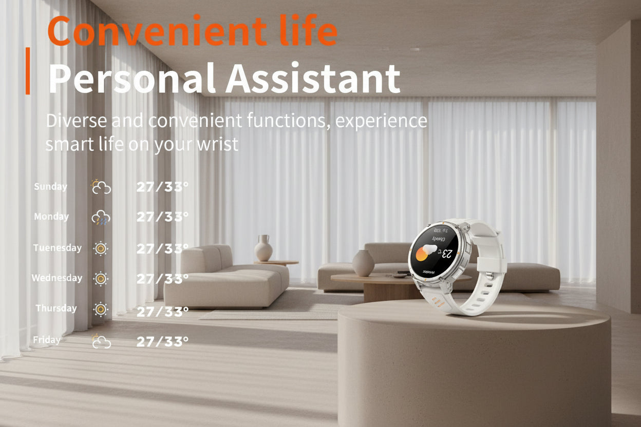 Smartwatch on a wrist with weather app display, text 'Convenient life Personal Assistant' and 'Diverse and convenient functions, experience smart life on your wrist'.