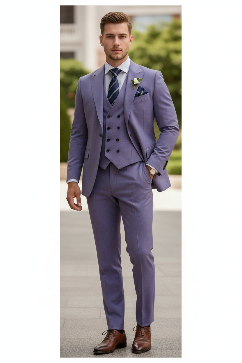 Purple suit with a tie and boutonniere on a white background