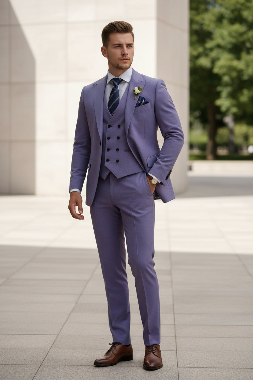 Purple suit with a tie and boutonniere on a white background
