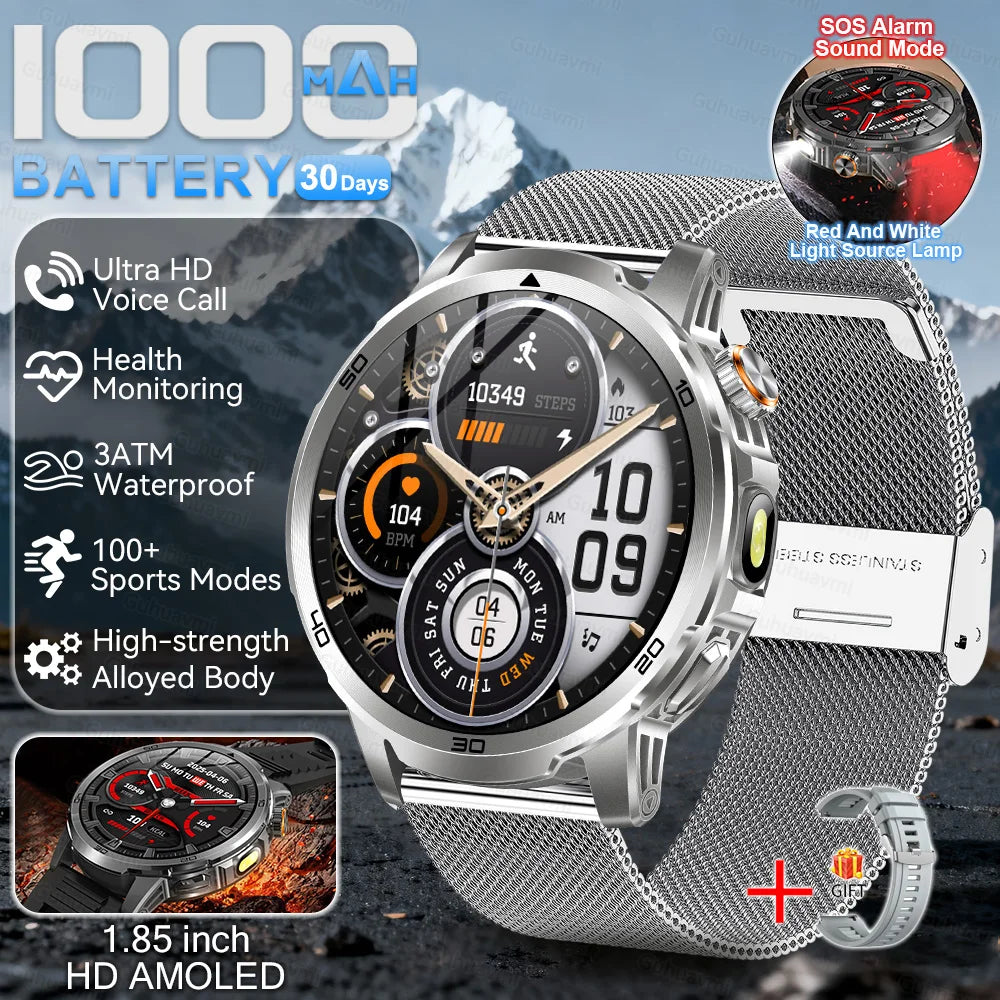Smartwatch with features highlighted on a mountainous background