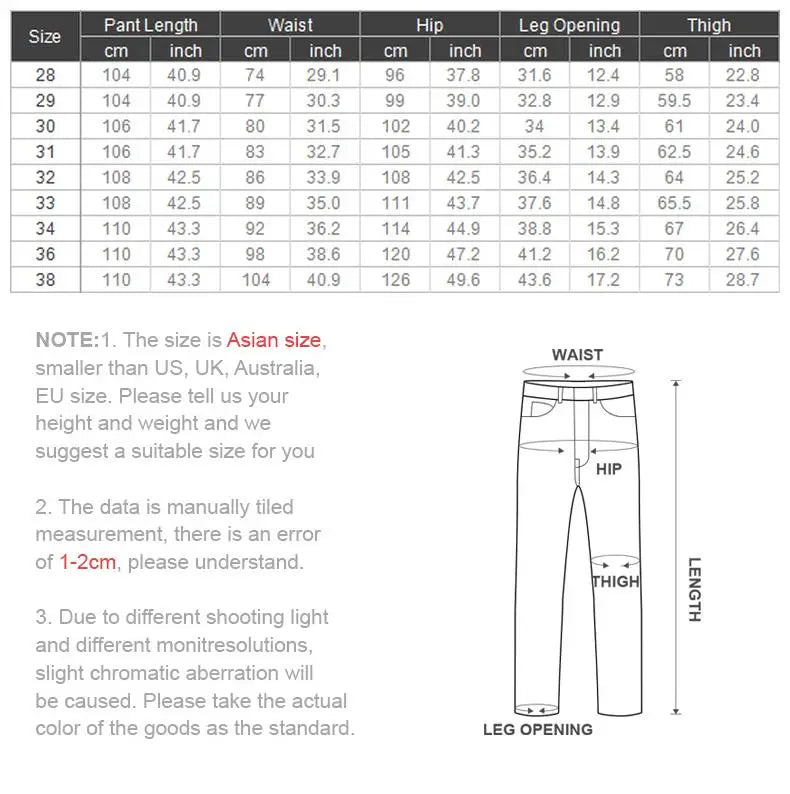 Pants size chart with measurements in centimeters and inches, including a diagram of a pants fit.