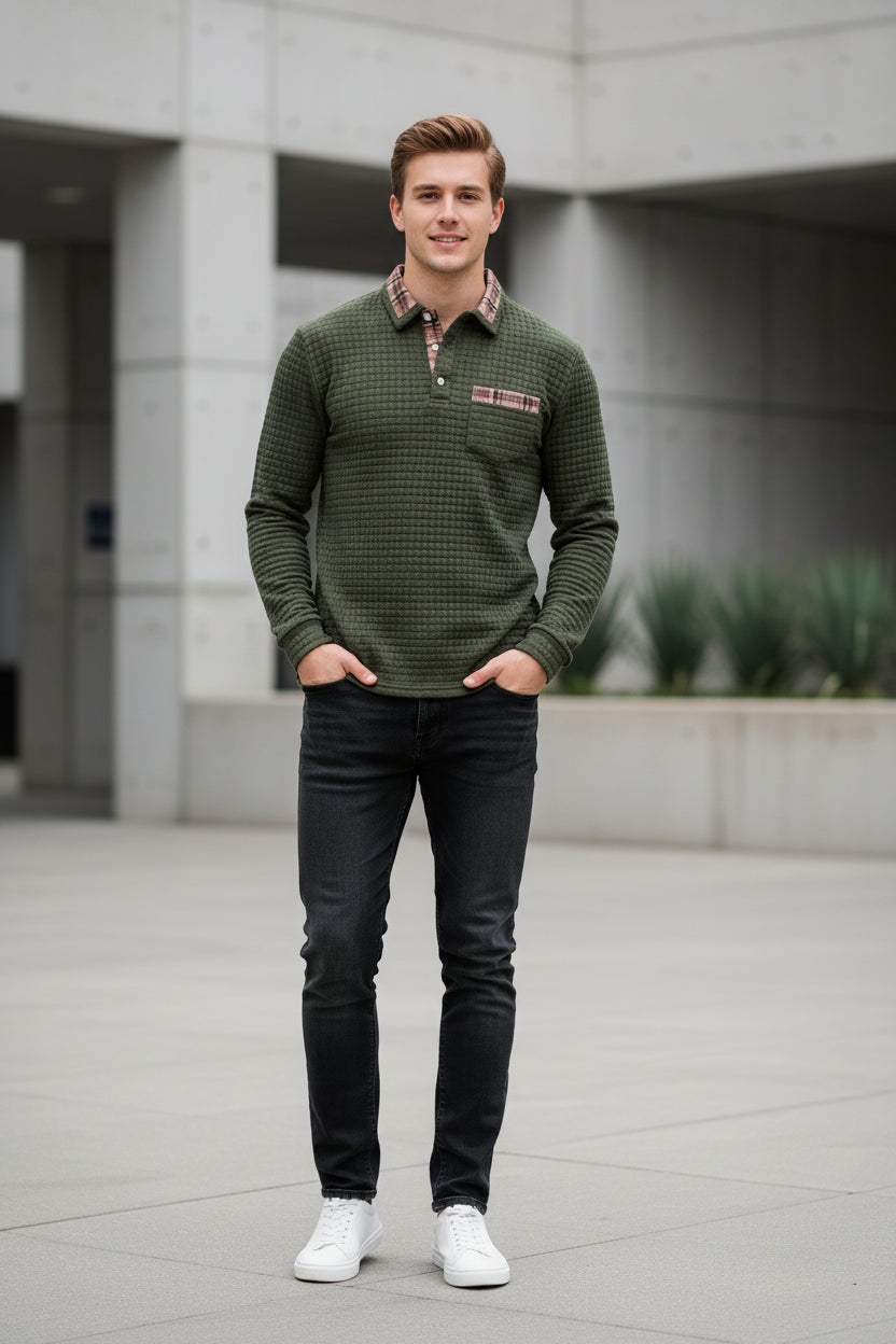 Green textured long-sleeve shirt with plaid collar on a white background