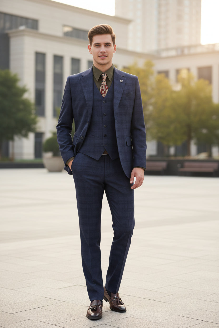 Blue suit on a mannequin with a white background