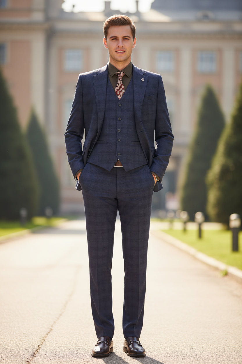 Blue suit on a mannequin with a white background