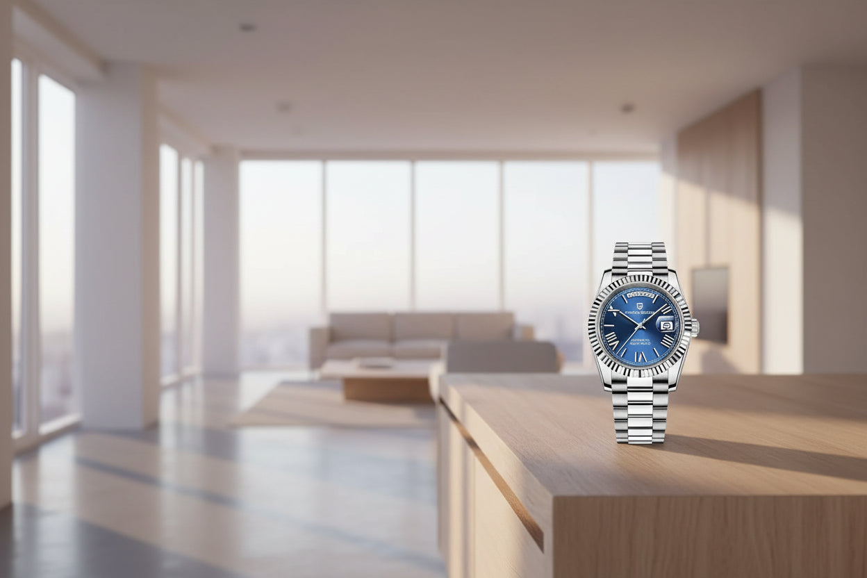 Pagani Design watch with blue dial and silver metal bracelet on a white background