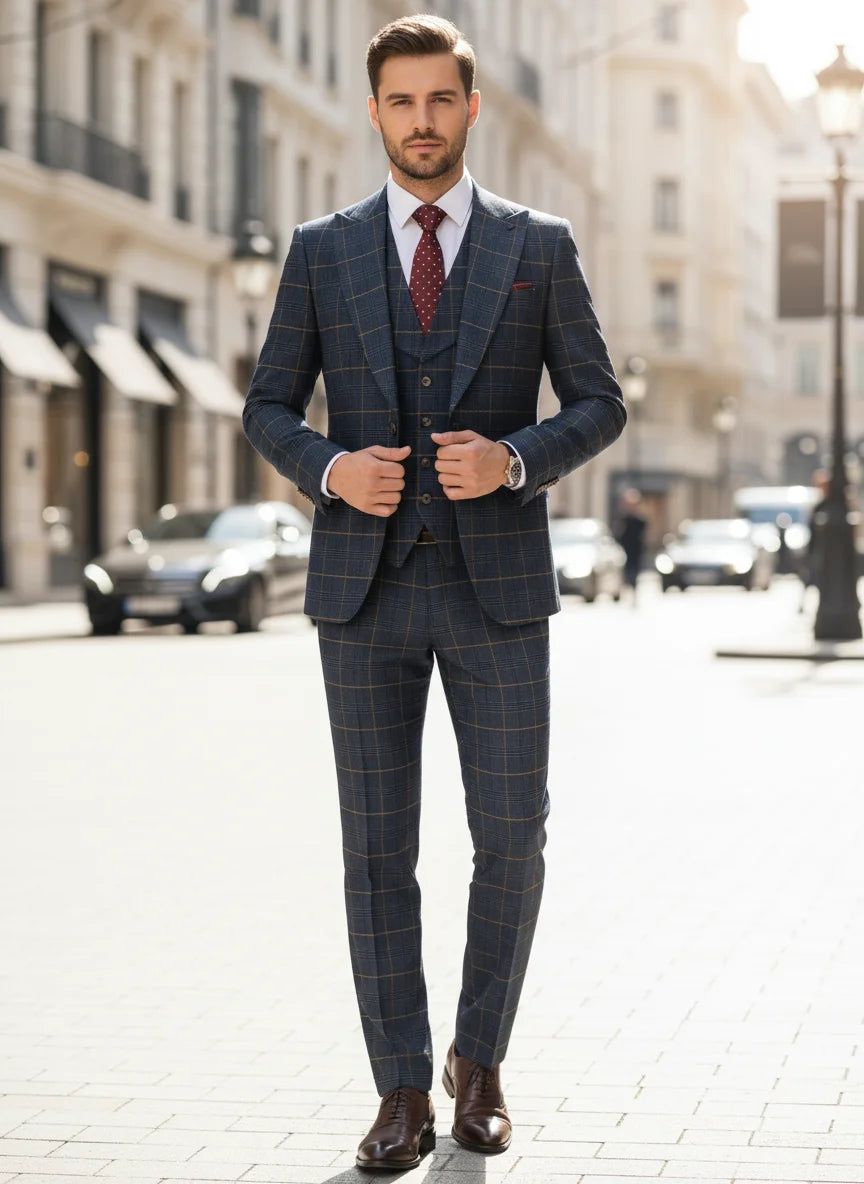 High-Quality Dark Blue 3 Piece Checkered Suit Set for Business,