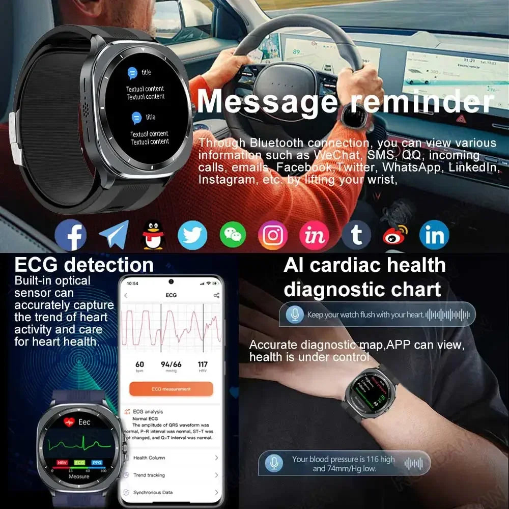 Smartwatch with ECG detection feature displayed on a car dashboard.