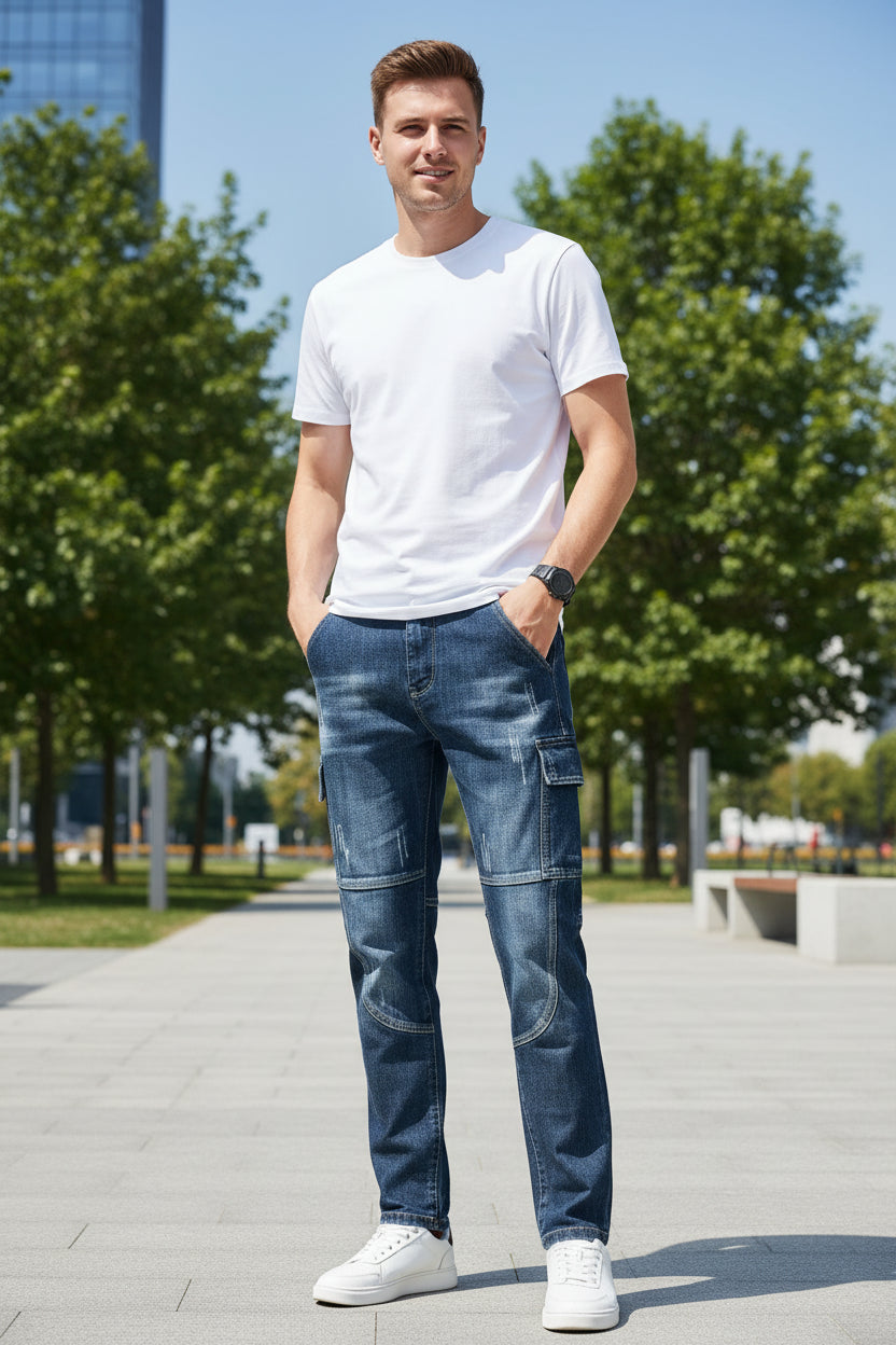 Two pairs of blue jeans being modeled against a neutral background