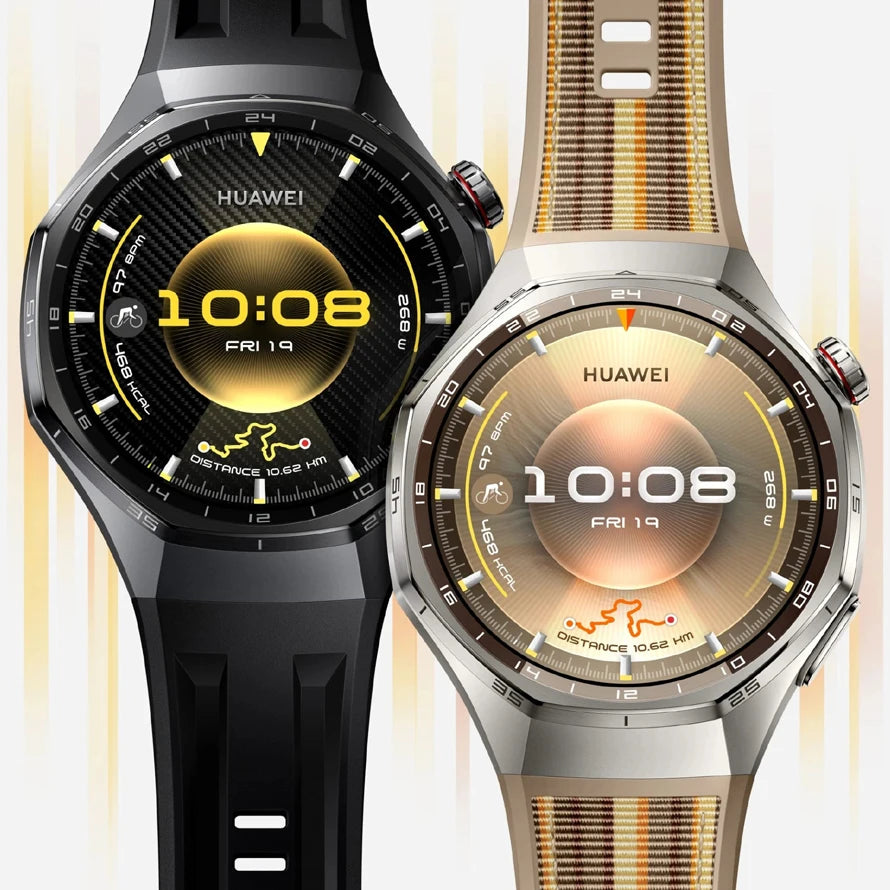 Two Huawei smartwatches with different band colors on a white background