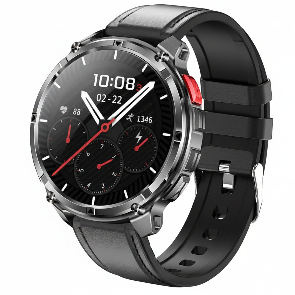 Smartwatch with features listed on a gray background