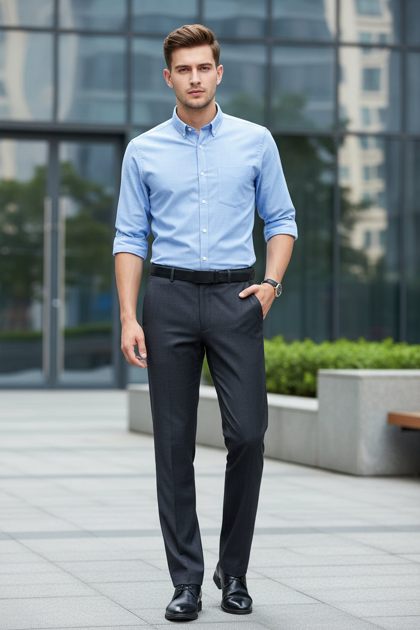 Black dress pants worn by a person on a white background