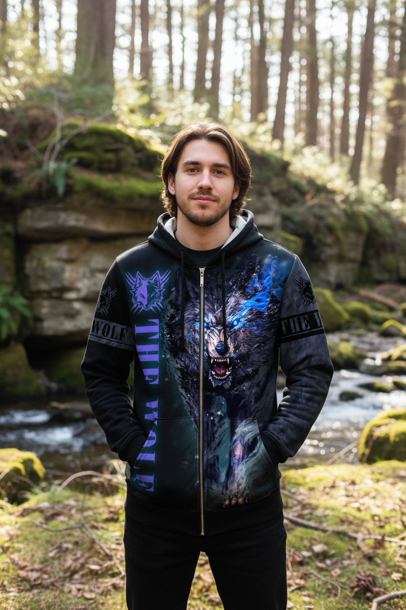 Black hoodie with a wolf graphic design on a white background