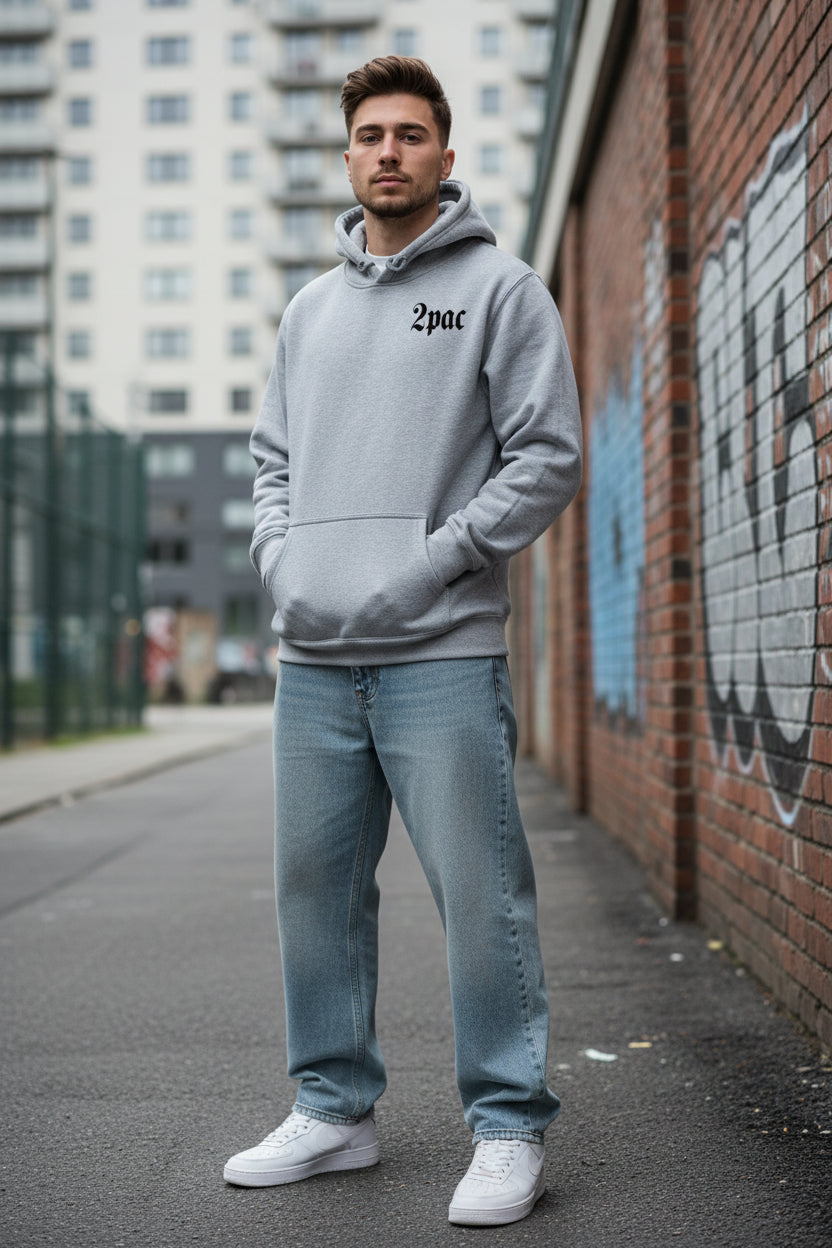 Gray hoodie with '2Pac' text and images on a white background