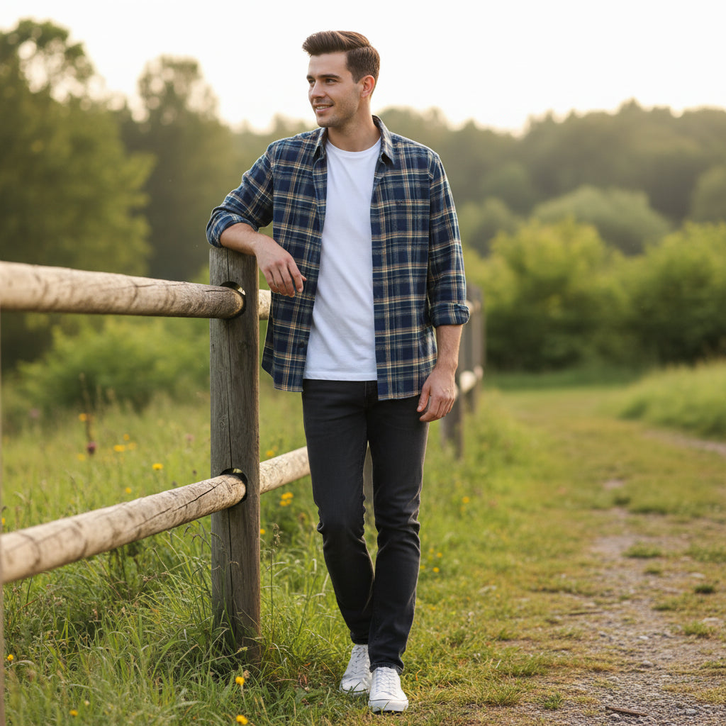Blue and beige plaid shirt on a hanger with a hand adjusting it against a metallic background