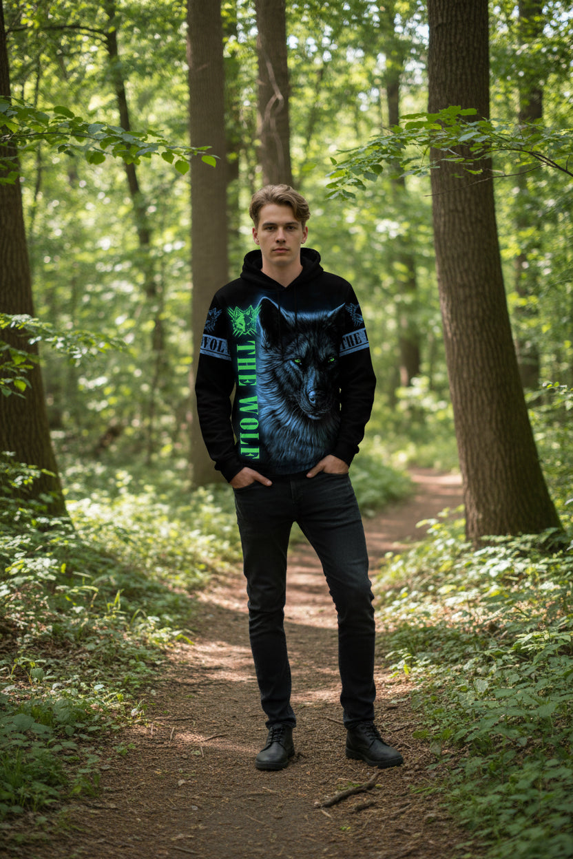 Black hoodie with a wolf design and 'The Wolf' text on a white background