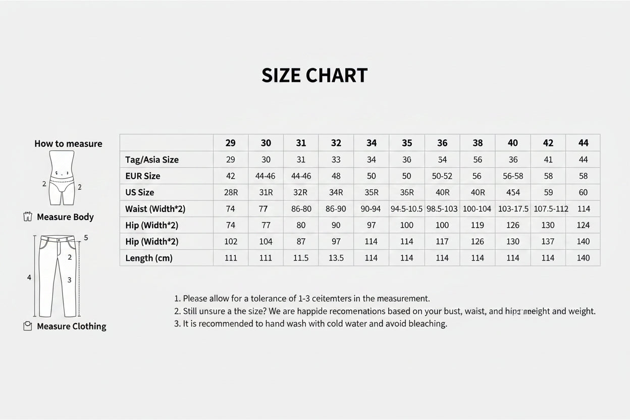 Size chart for clothing measurements on a white background