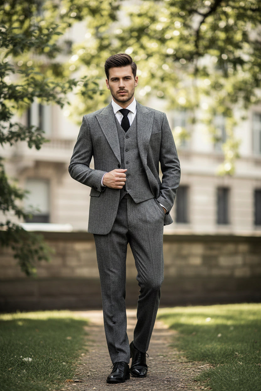 Gray suit with vest and tie worn by a person, blurred background
