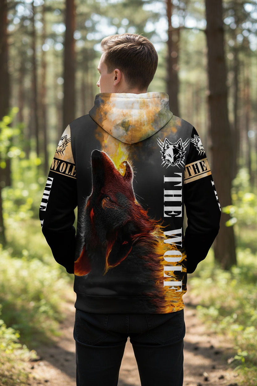 Hoodie with a wolf design and 'The Wolf' text on a white background