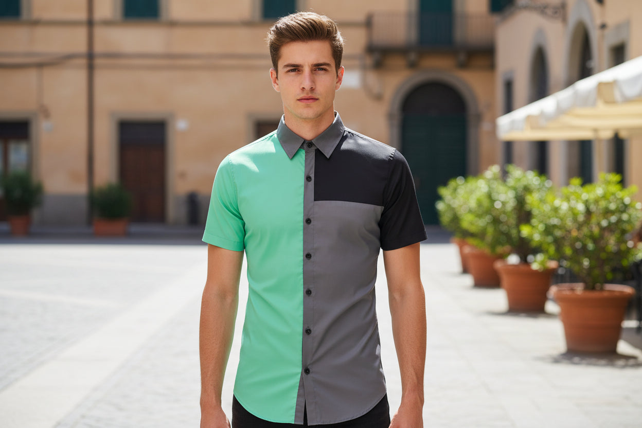 Color-blocked shirt with green, gray, and black sections on a white background