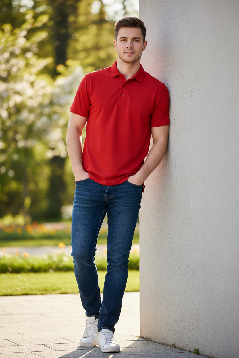 Red polo shirt on a white background