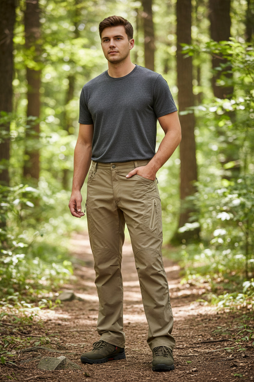 Beige pants worn by a person on a white background