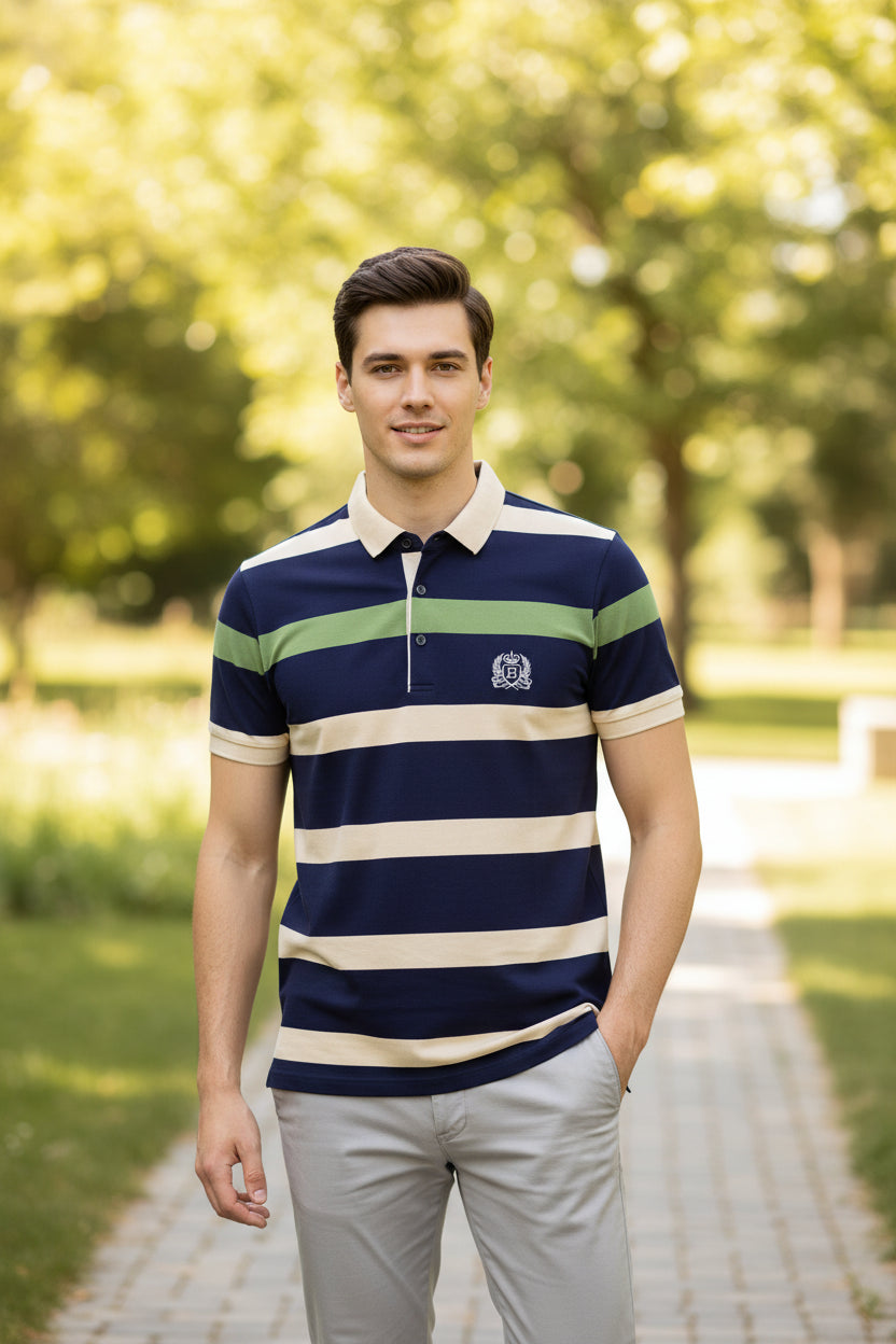 Navy blue polo shirt with green and beige stripes on a gray background