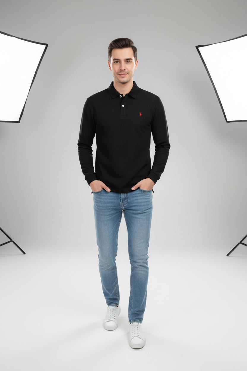 Black polo shirt with a small embroidered design on a hanger