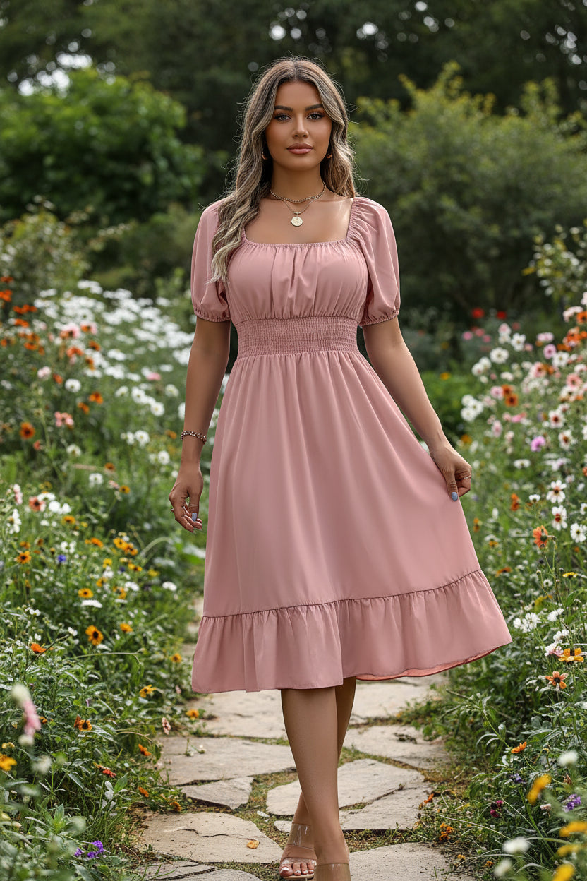Woman wearing a pink dress with puff sleeves in a home setting.