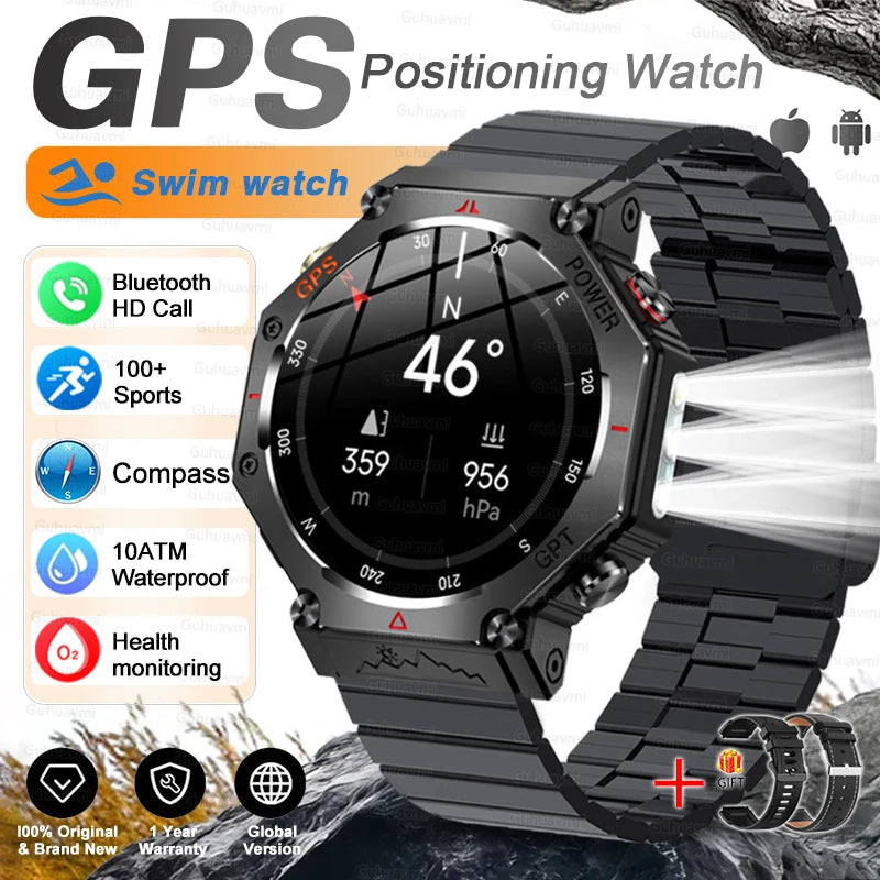 GPS positioning watch with black metal band on a white background