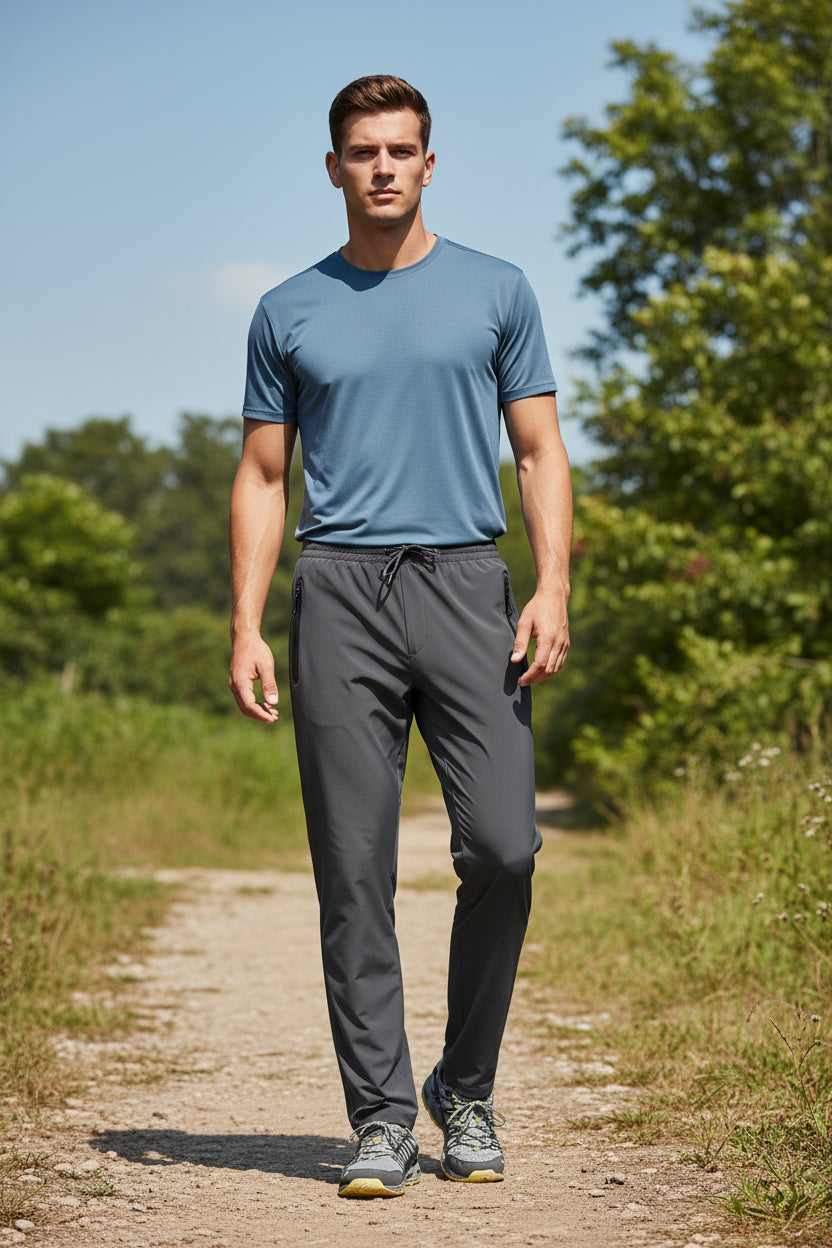 Navy blue athletic pants worn by a person on a white background