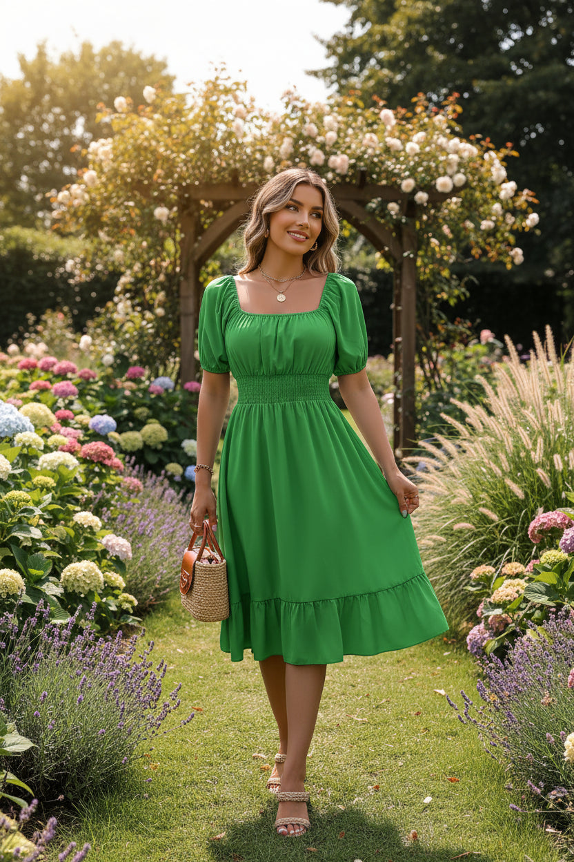 Green dress with puff sleeves worn by a person indoors.