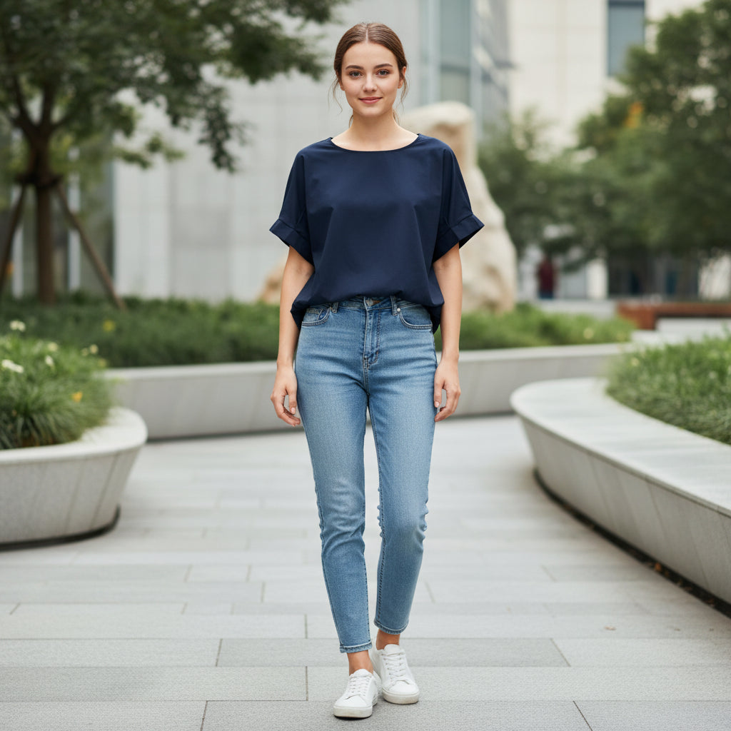 Navy blue shirt on a hanger with a white background