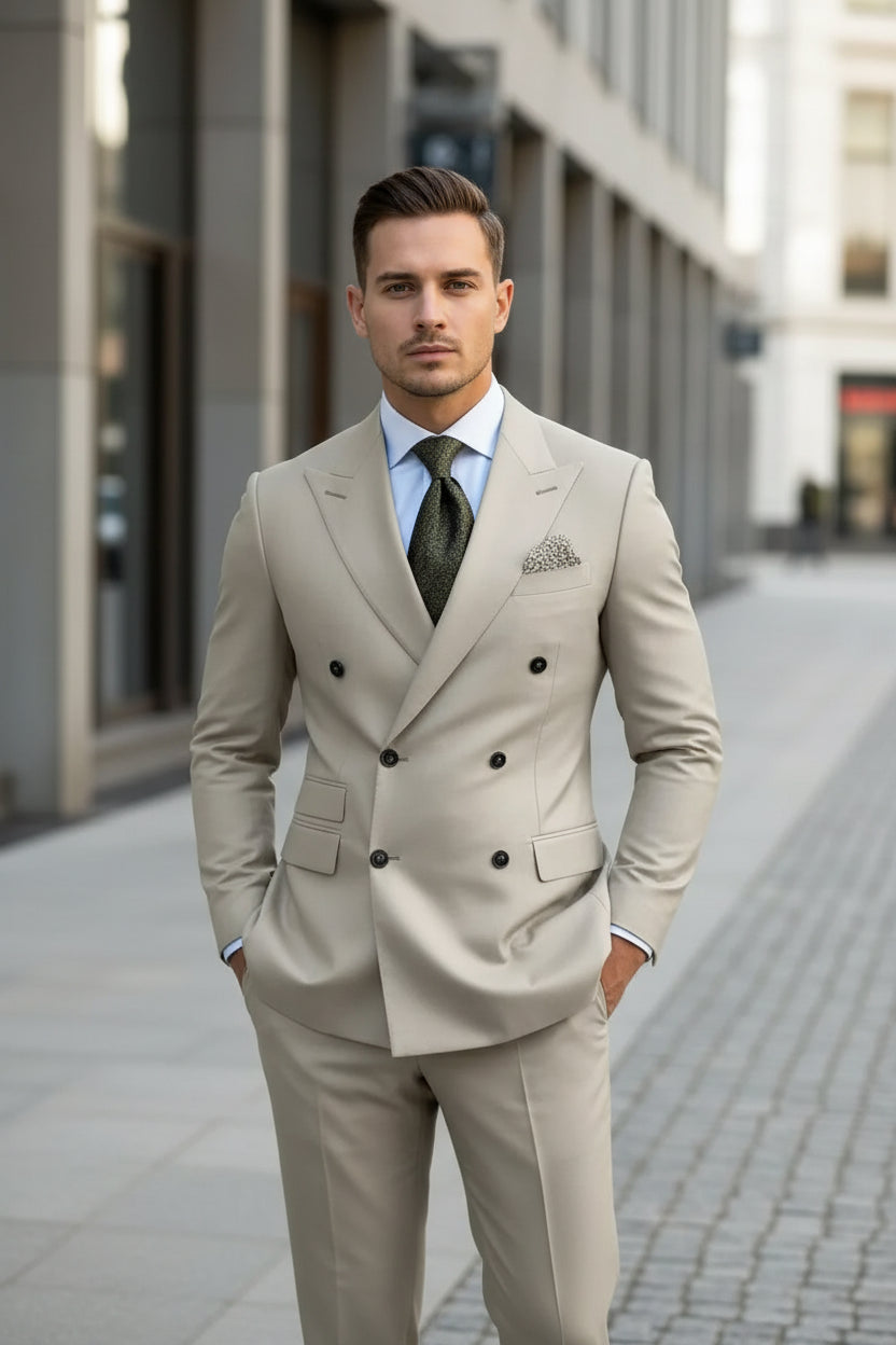 Man wearing a beige suit with a patterned tie and pocket square.