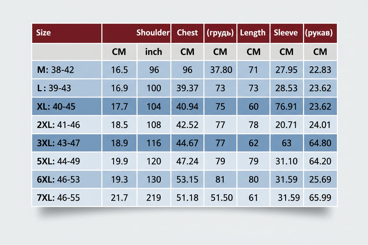 Measurement chart for clothing sizes with red, blue, and black text on a white background