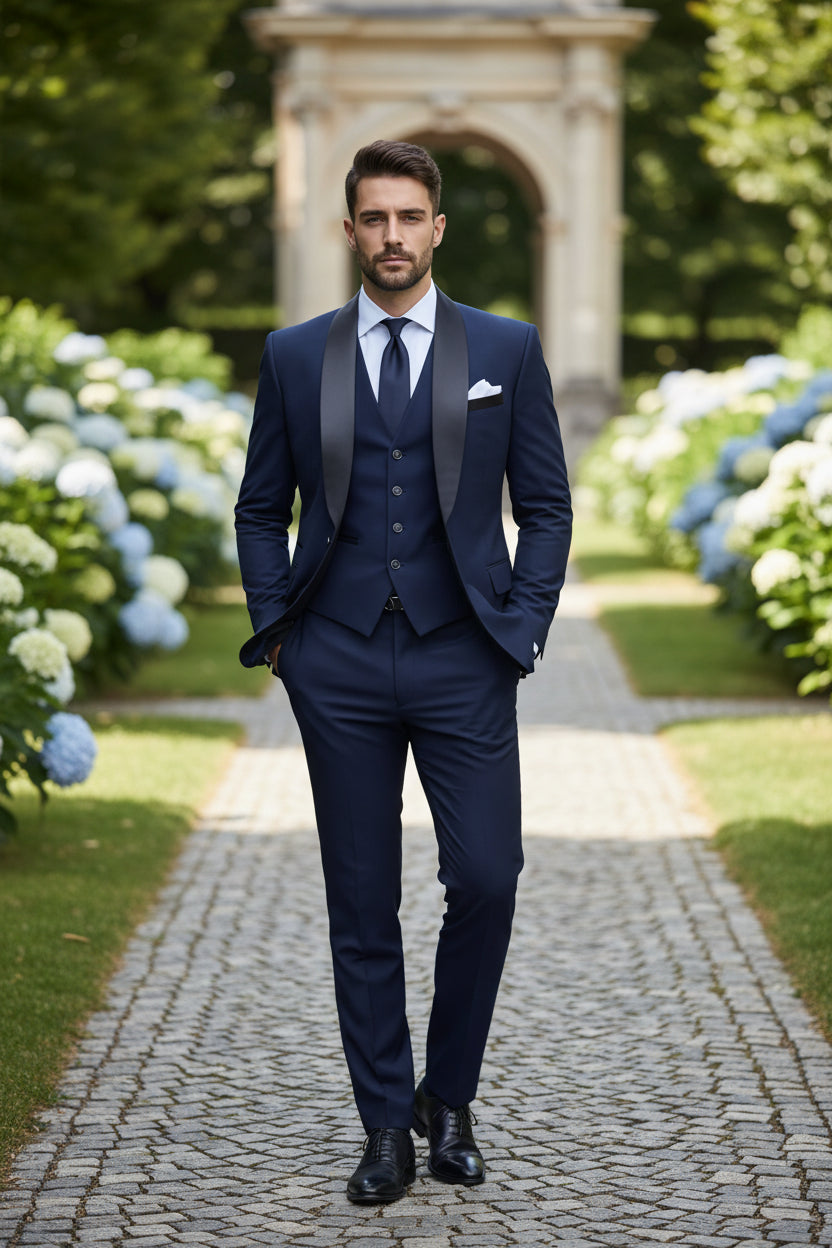 Navy blue suit with black lapels on a light gray background