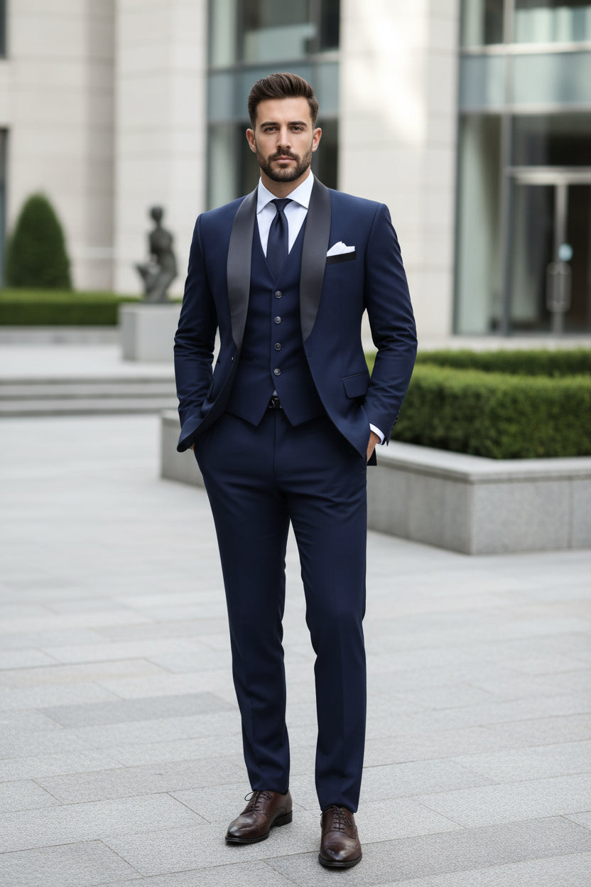 Navy blue suit with black lapels on a light gray background