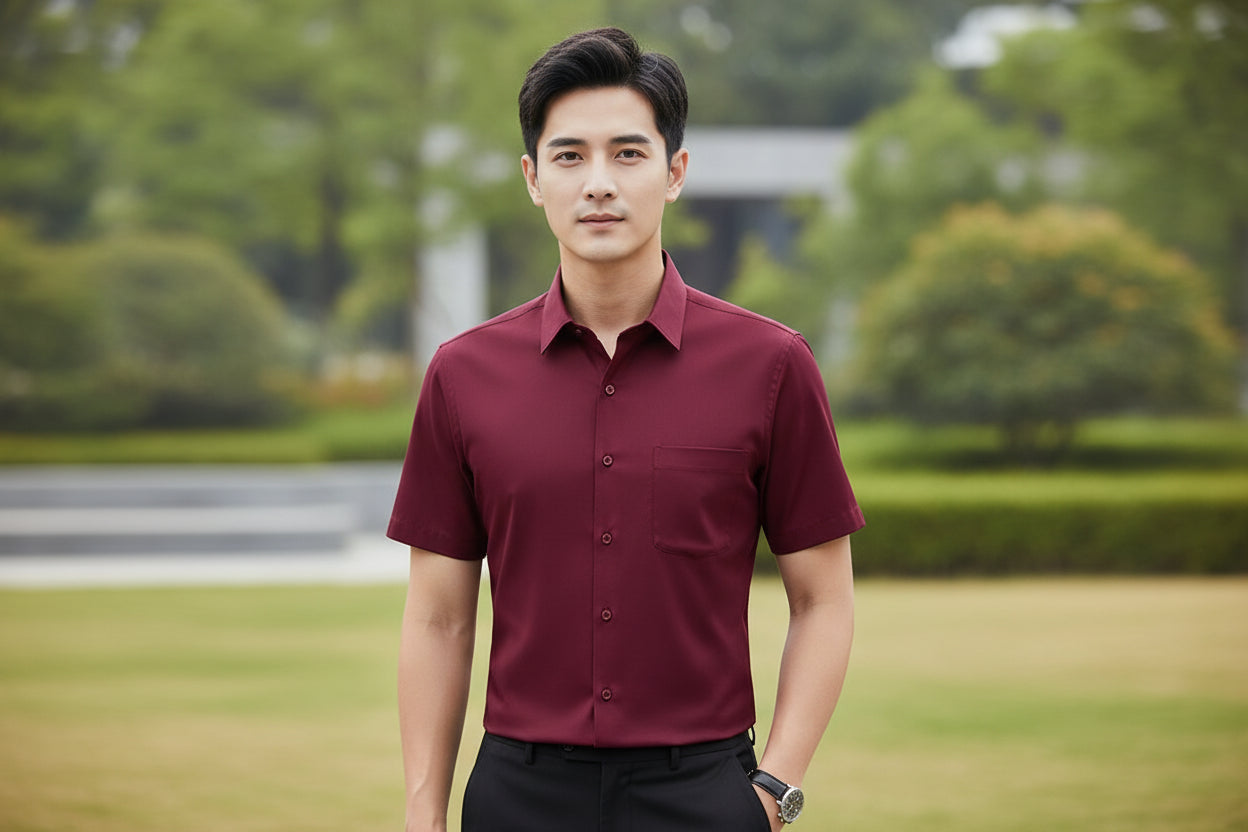 Folded maroon dress shirt on a white background