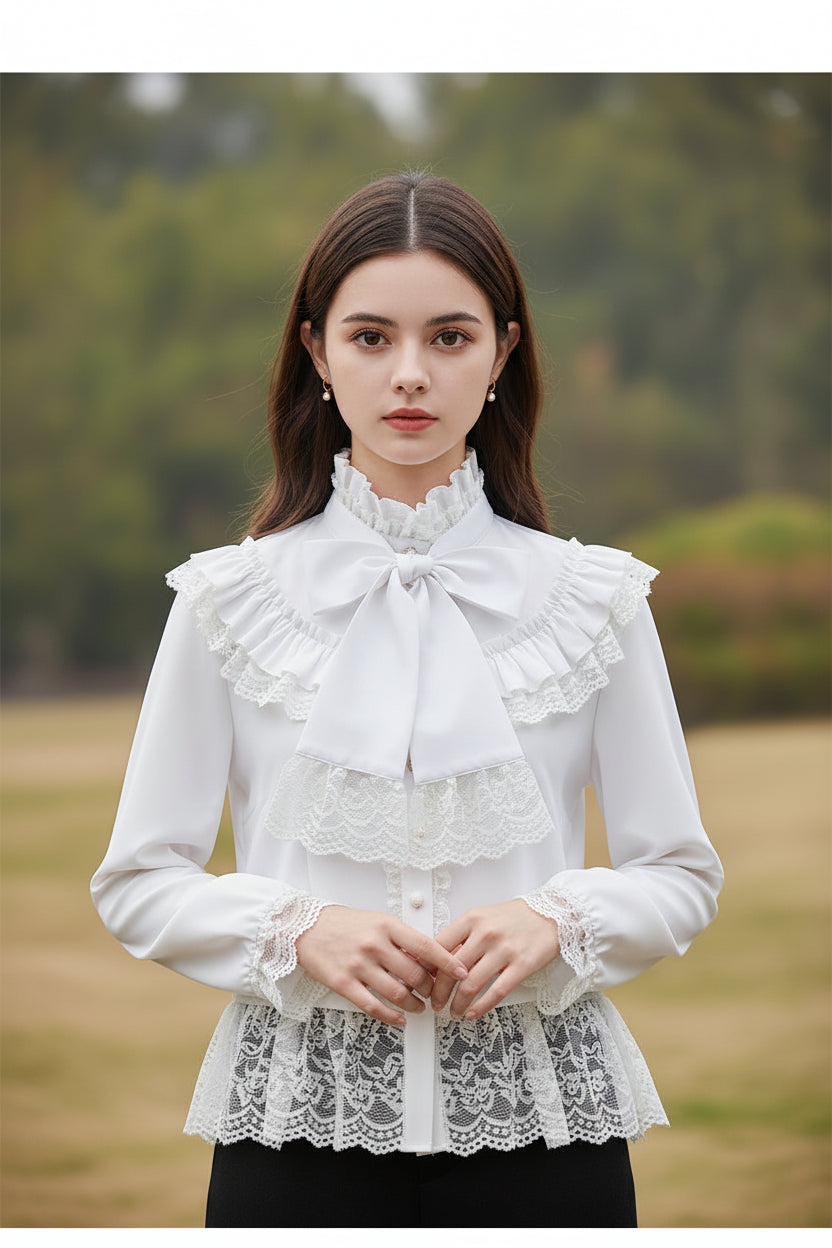 White blouse with lace details and a large bow on a mannequin against a gray background