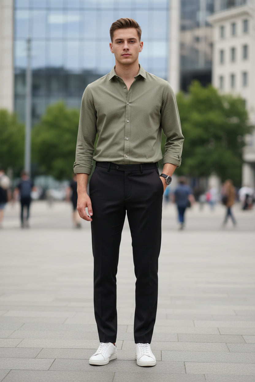Person wearing black pants with one leg raised on a gray background
