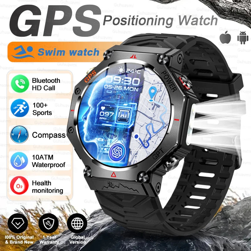 GPS positioning watch with features listed on a rocky background