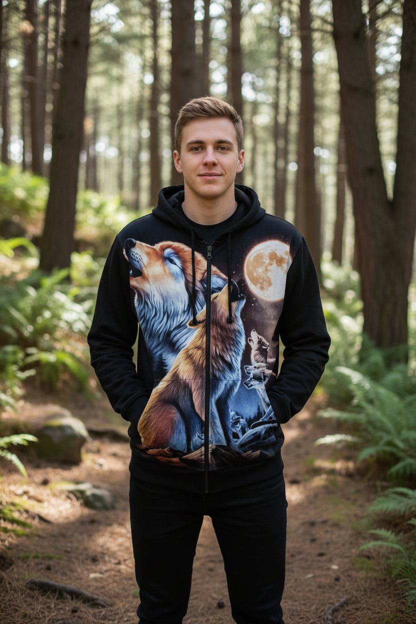 Hoodie with wolf design and moon on a white background
