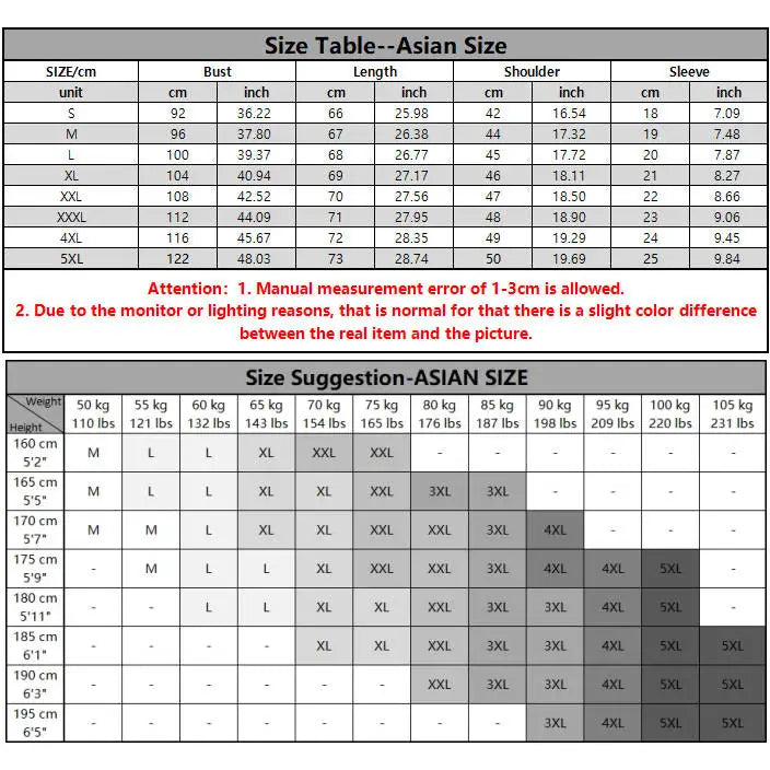 Size chart for Asian clothing with measurements in centimeters and inches.