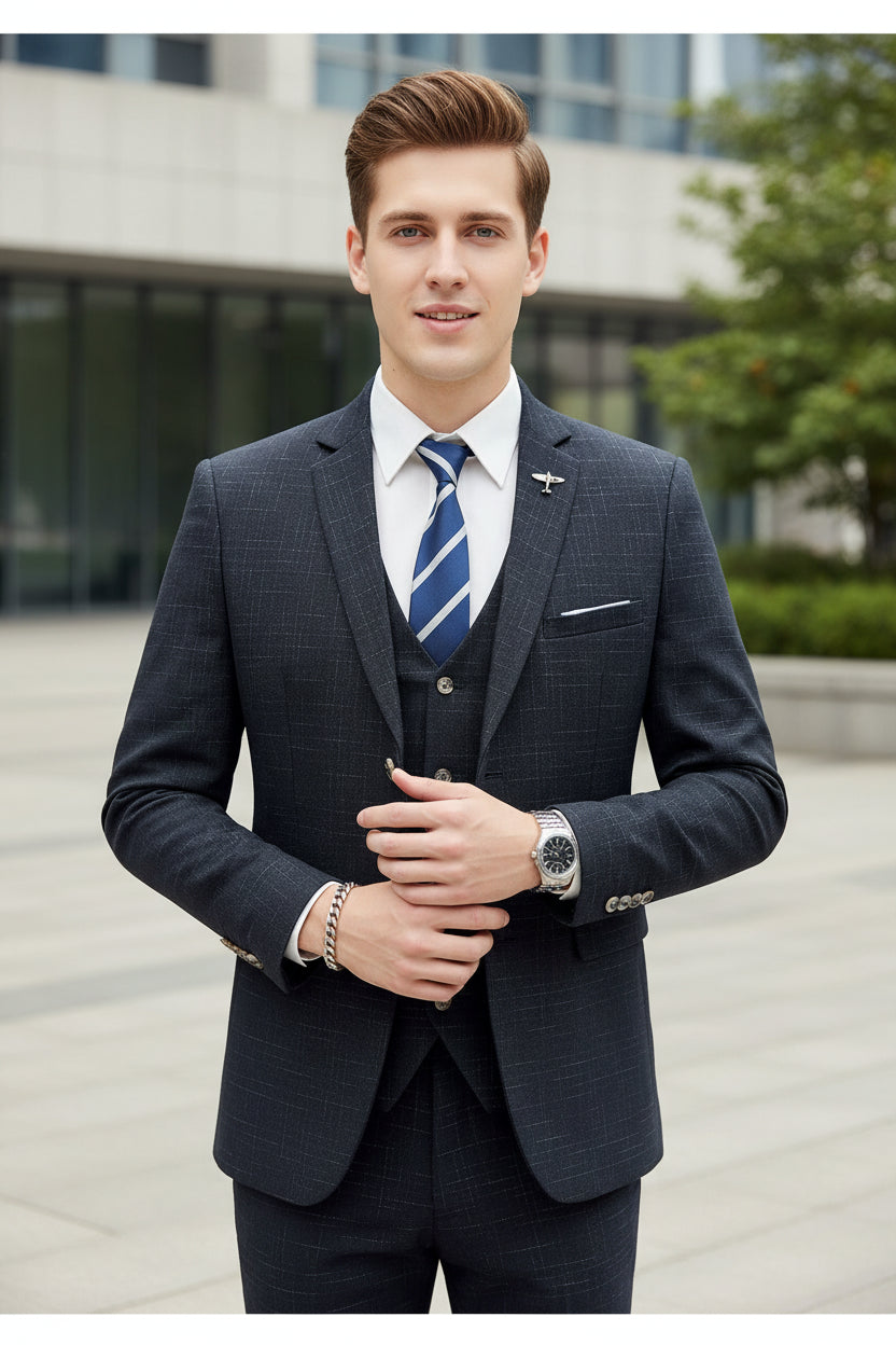 Person wearing a dark checkered suit with a striped tie, sitting on a beige couch.