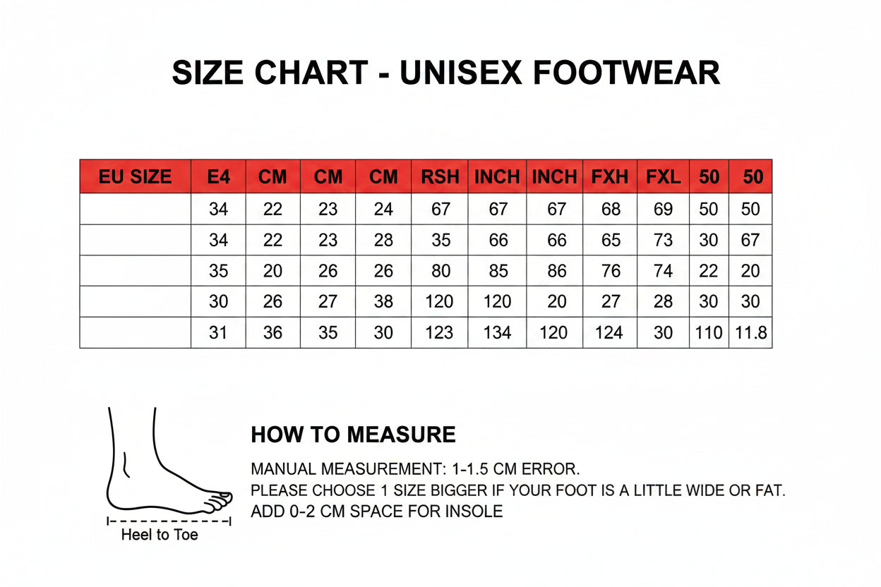 Foot measurement chart for Yang Hui Unisex shoes with size chart and foot length guide.