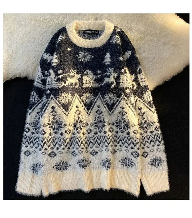 Christmas Couple Sweaters Loose Knitted Thickened Men's round Neck Long Sleeve Casual Winter Fashion Street Style Sweatshirt